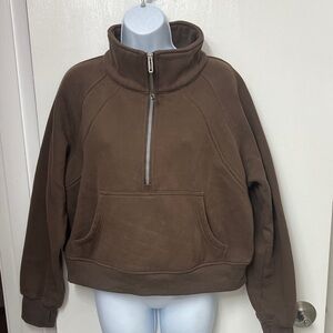 27. Women’s Brown funnel neck cropped Jacket, 1/4 zip, kangaroo pocket, Sz  Med